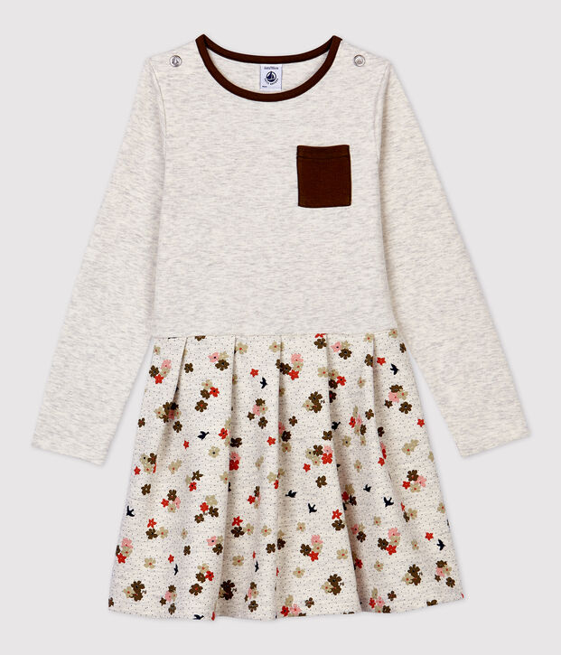 Vestido de manga larga de algod&oacute;n de ni&ntilde;a beige/multicolor